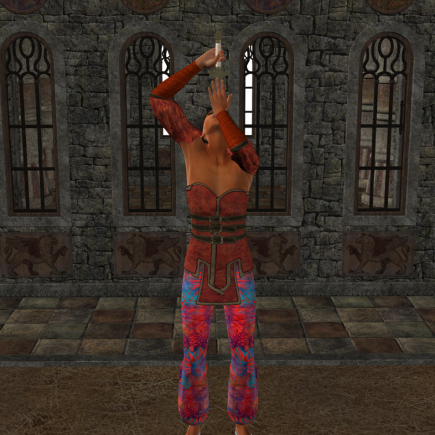 A woman with light brown skin wearing a red top and brightly coloured harem pants. She's holding the hilt ofa sword and uses thepalmof her other hand to guide it down her throat